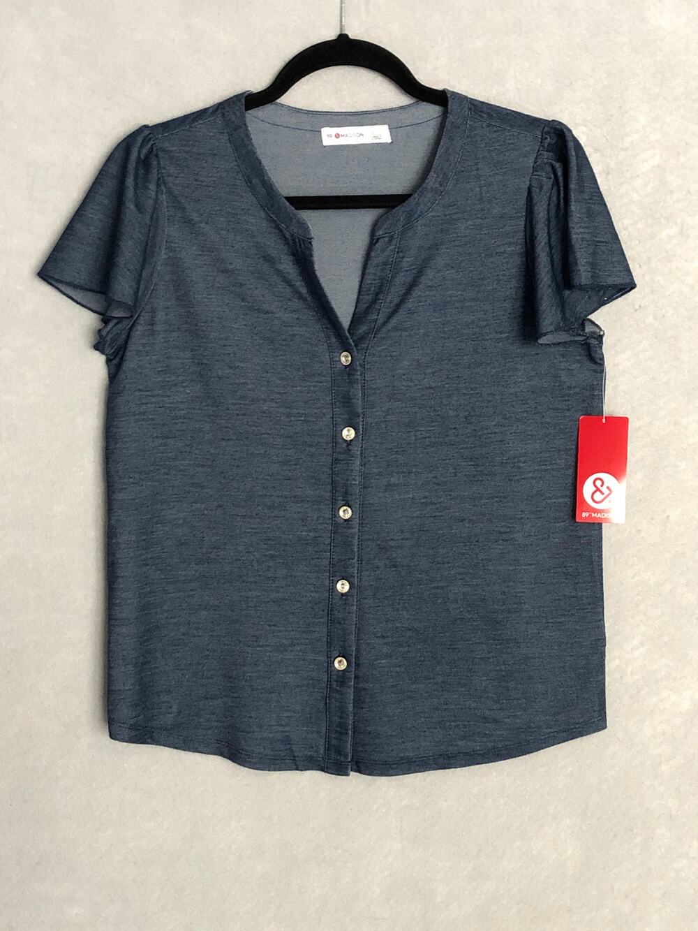 89th & Madison Flutter Sleeve Top Split Collar Dark Indigo Women's Small NEW
